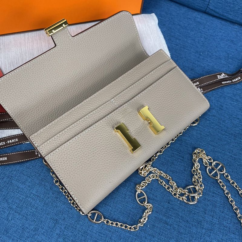 Hermes Constance Wallet with Chain Togo Leather Gold Hardware In Grey