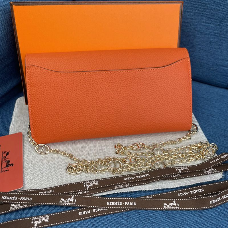 Hermes Constance Wallet with Chain Togo Leather Gold Hardware In Orange