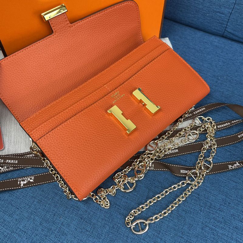 Hermes Constance Wallet with Chain Togo Leather Gold Hardware In Orange