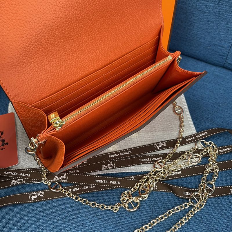 Hermes Constance Wallet with Chain Togo Leather Gold Hardware In Orange