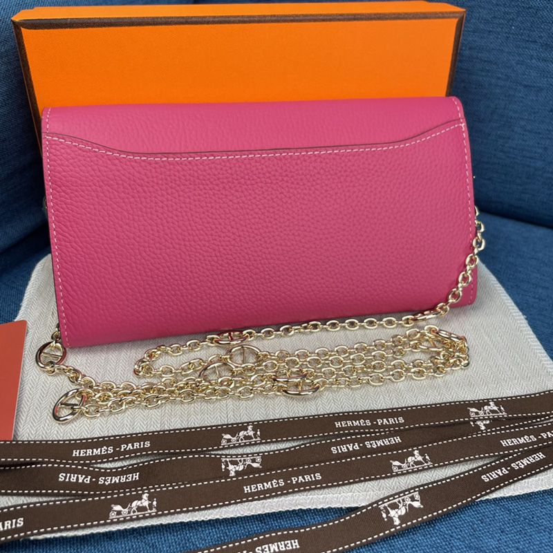 Hermes Constance Wallet with Chain Togo Leather Gold Hardware In Rose