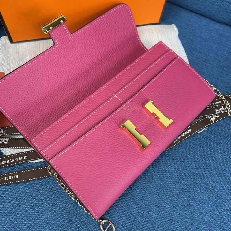 Hermes Constance Wallet with Chain Togo Leather Gold Hardware In Rose