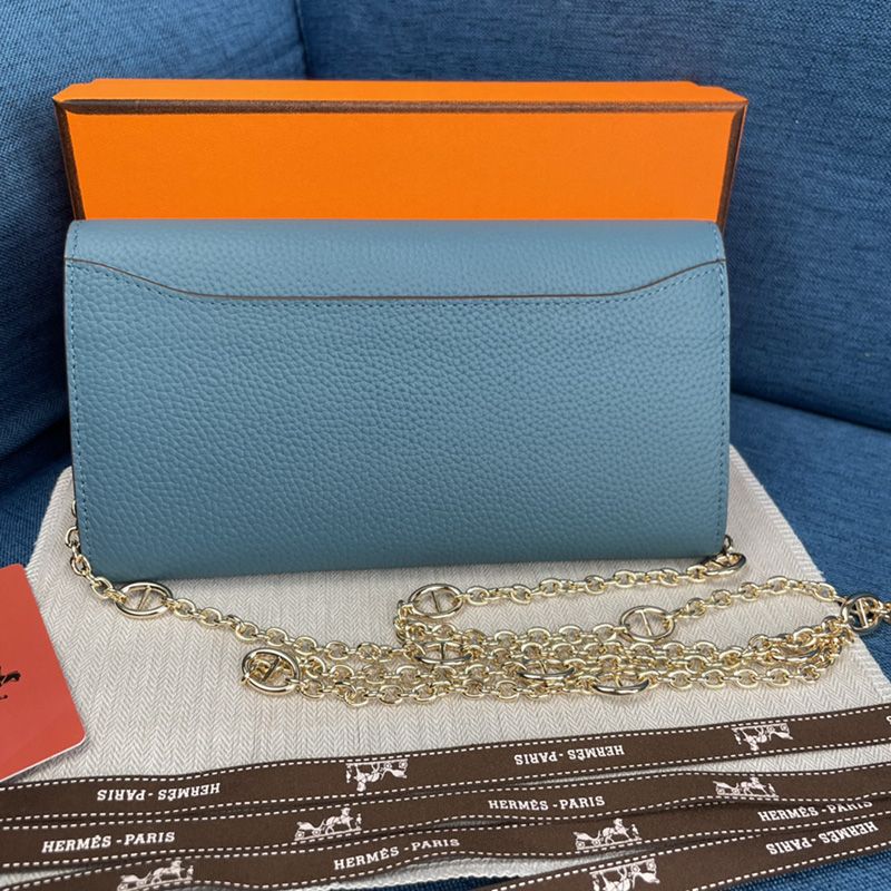 Hermes Constance Wallet with Chain Togo Leather Gold Hardware In Sky Blue