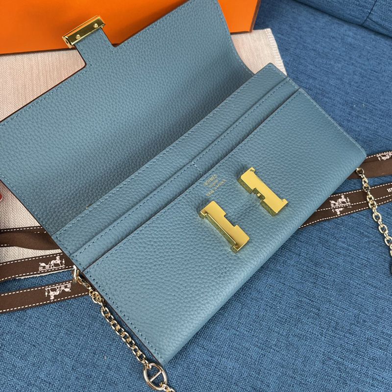 Hermes Constance Wallet with Chain Togo Leather Gold Hardware In Sky Blue