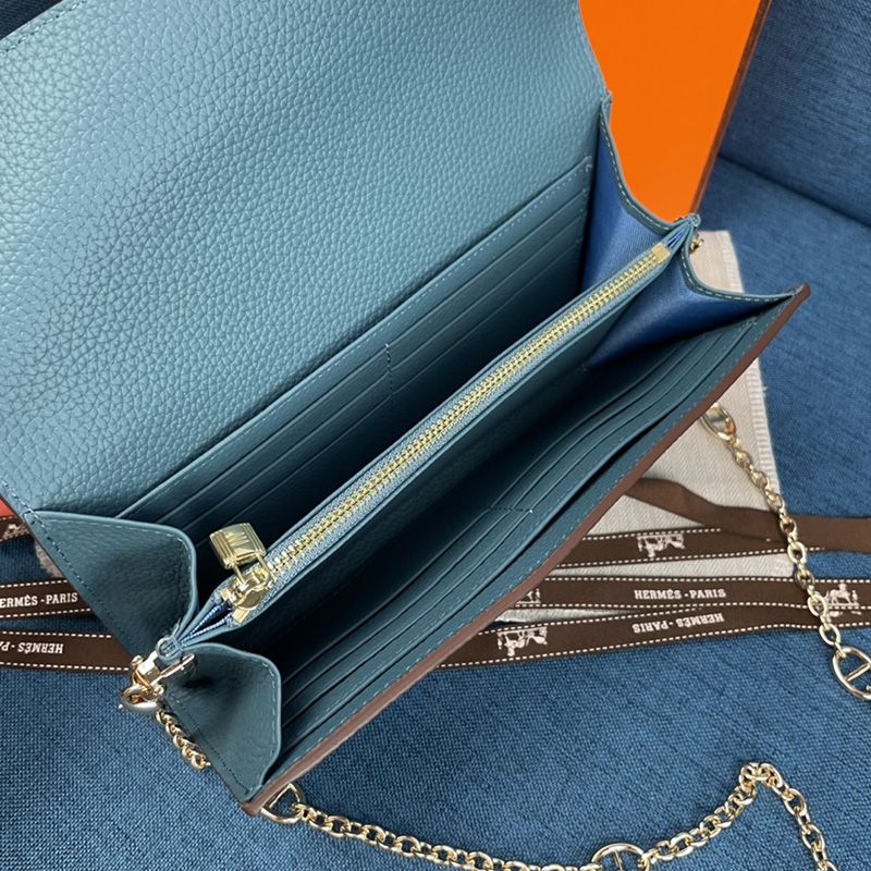 Hermes Constance Wallet with Chain Togo Leather Gold Hardware In Sky Blue