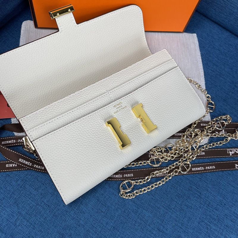 Hermes Constance Wallet with Chain Togo Leather Gold Hardware In White