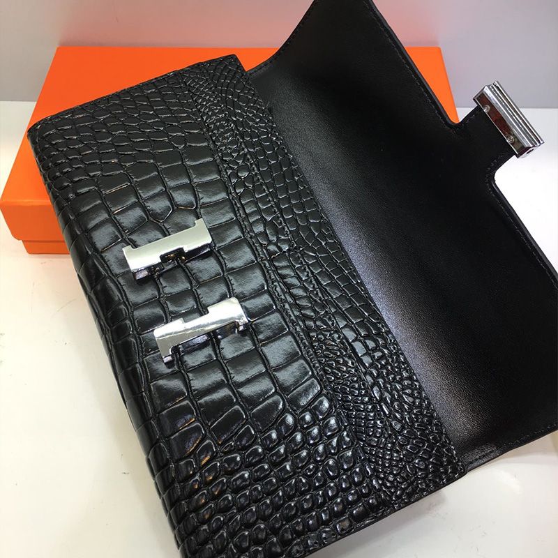 Hermes Constance Wallet Alligator Leather Palladium Hardware In Black