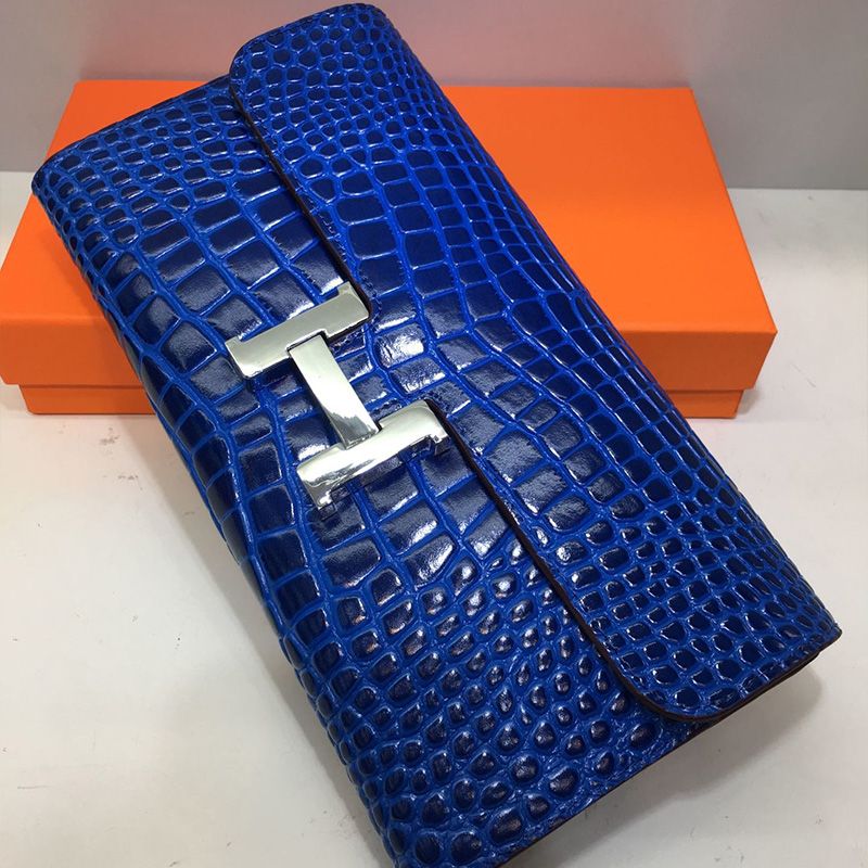 Hermes Constance Wallet Alligator Leather Palladium Hardware In Blue