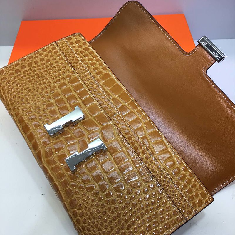 Hermes Constance Wallet Alligator Leather Palladium Hardware In Brown