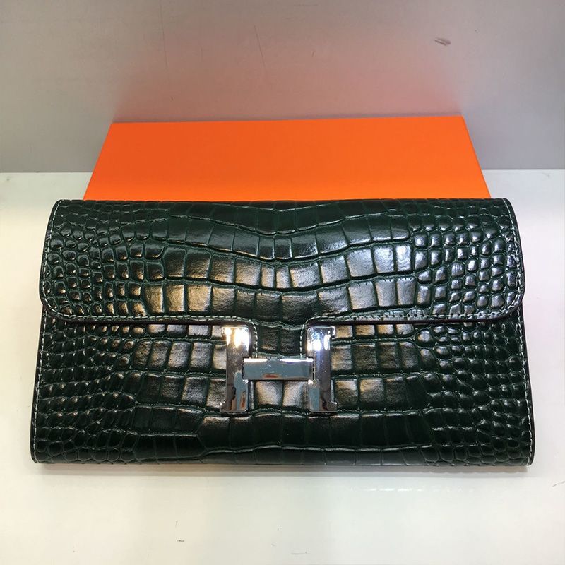 Hermes Constance Wallet Alligator Leather Palladium Hardware In Dark Green