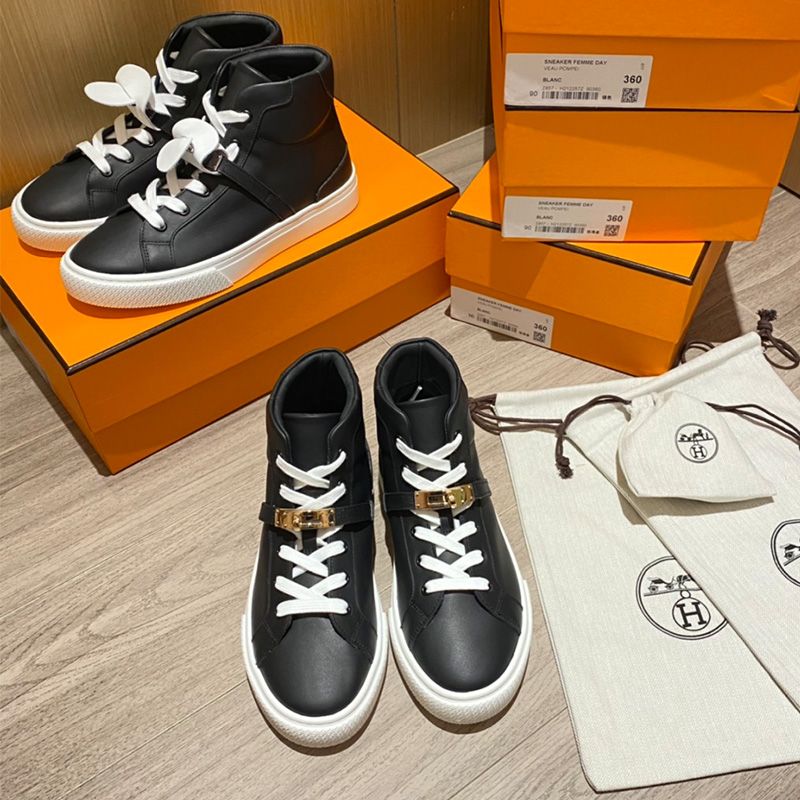 Hermes Daydream High-Top Sneakers Unisex Calfskin In Black Gold