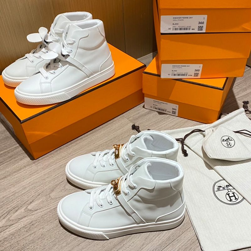 Hermes Daydream High-Top Sneakers Unisex Calfskin In White Gold