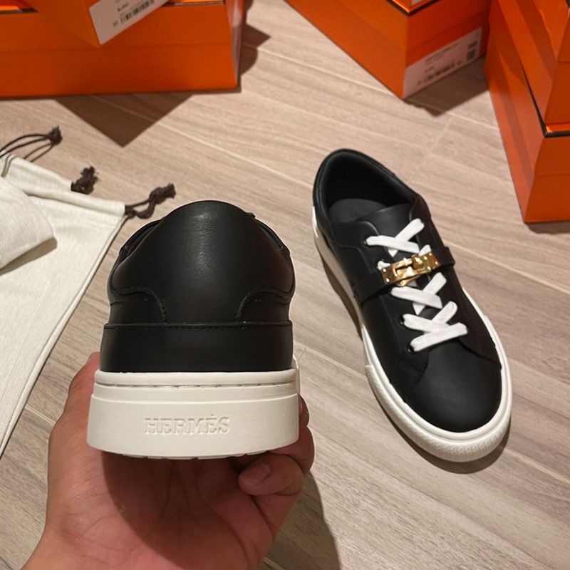 Hermes Day Sneakers Unisex Calfskin In Black Gold