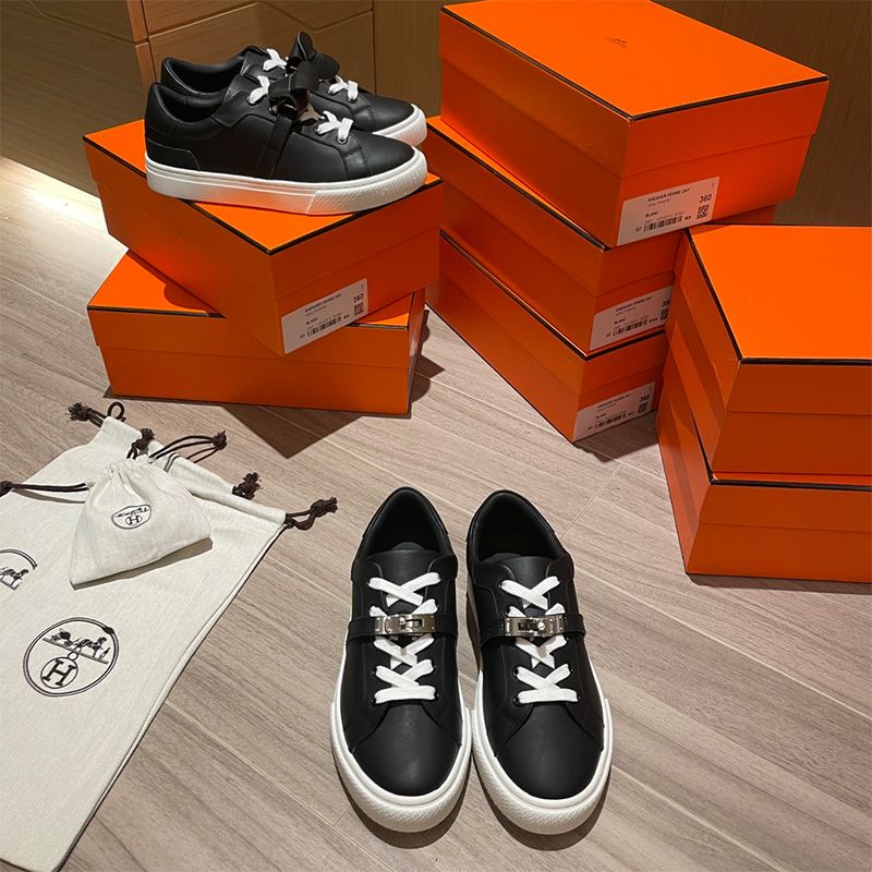 Hermes Day Sneakers Unisex Calfskin In Black Silver