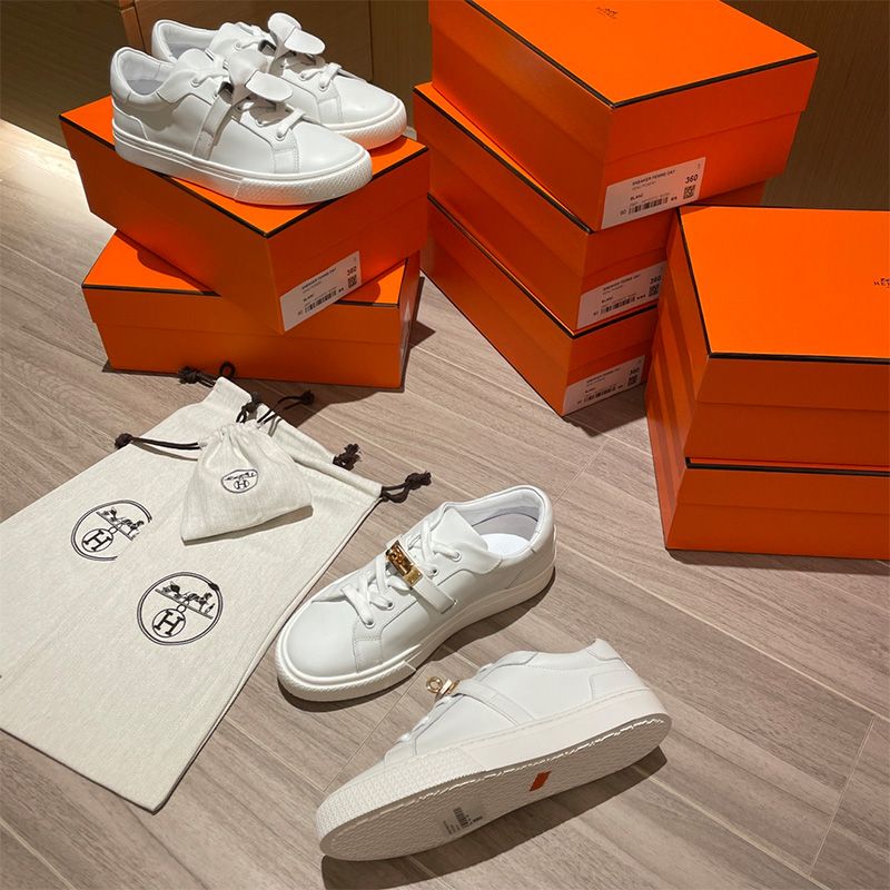 Hermes Day Sneakers Unisex Calfskin In White Gold