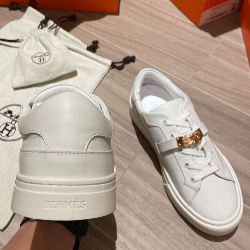 Hermes Day Sneakers Unisex Calfskin In White Gold