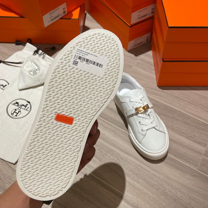 Hermes Day Sneakers Unisex Calfskin In White Gold