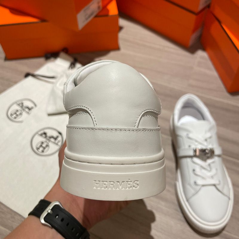 Hermes Day Sneakers Unisex Calfskin In White Silver