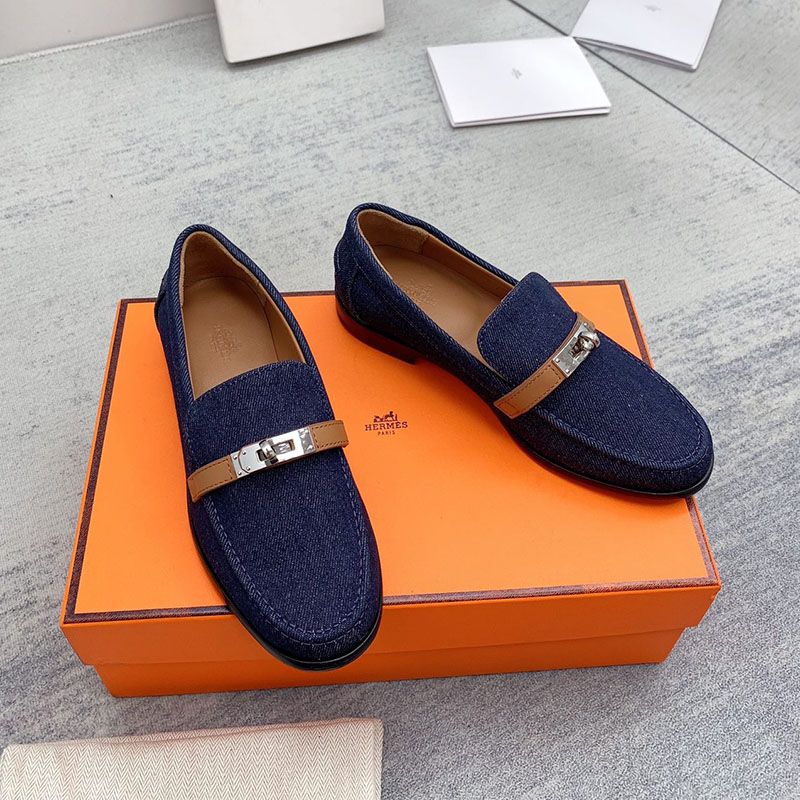 Hermes Destin Loafers Women Denim Canvas with Kelly Buckle In Navy Blue