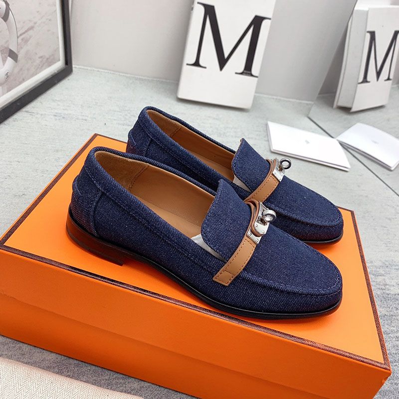 Hermes Destin Loafers Women Denim Canvas with Kelly Buckle In Navy Blue