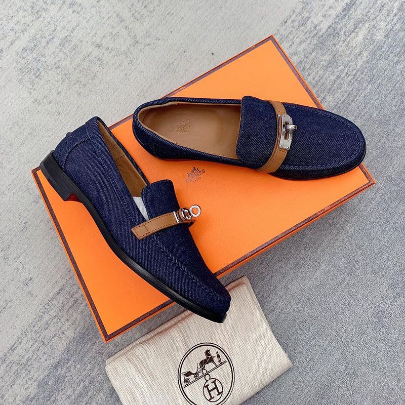 Hermes Destin Loafers Women Denim Canvas with Kelly Buckle In Navy Blue