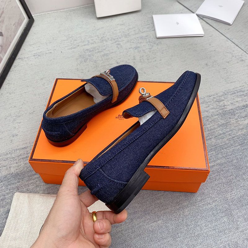 Hermes Destin Loafers Women Denim Canvas with Kelly Buckle In Navy Blue