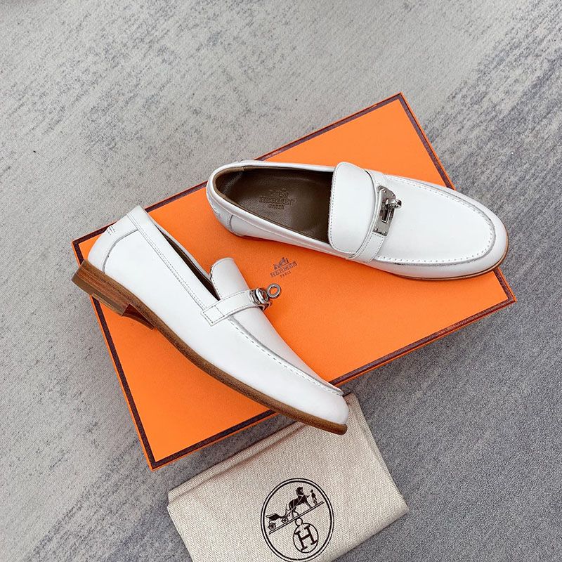 Hermes Destin Loafers Women Goatskin with Kelly Buckle In White