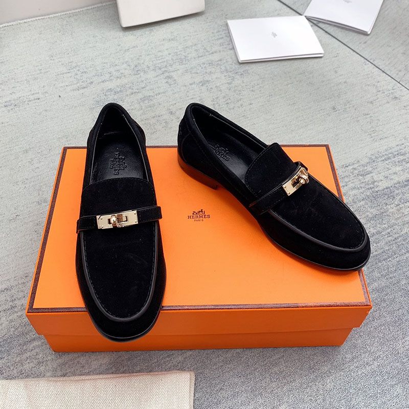 Hermes Destin Loafers Women Suede with Kelly Buckle In Black