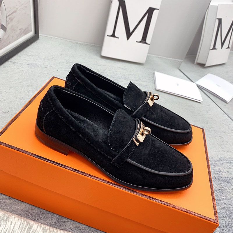 Hermes Destin Loafers Women Suede with Kelly Buckle In Black