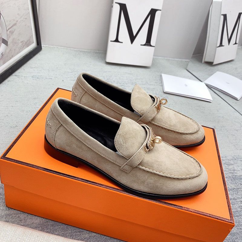 Hermes Destin Loafers Women Suede with Kelly Buckle In Khaki