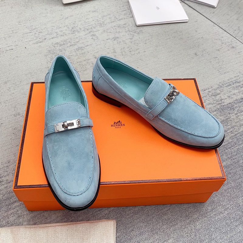 Hermes Destin Loafers Women Suede with Kelly Buckle In Sky Blue