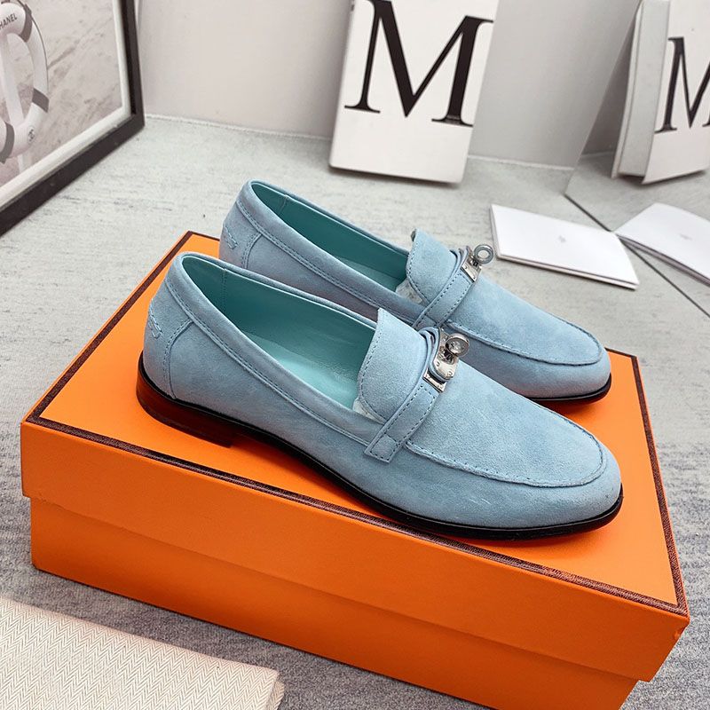 Hermes Destin Loafers Women Suede with Kelly Buckle In Sky Blue