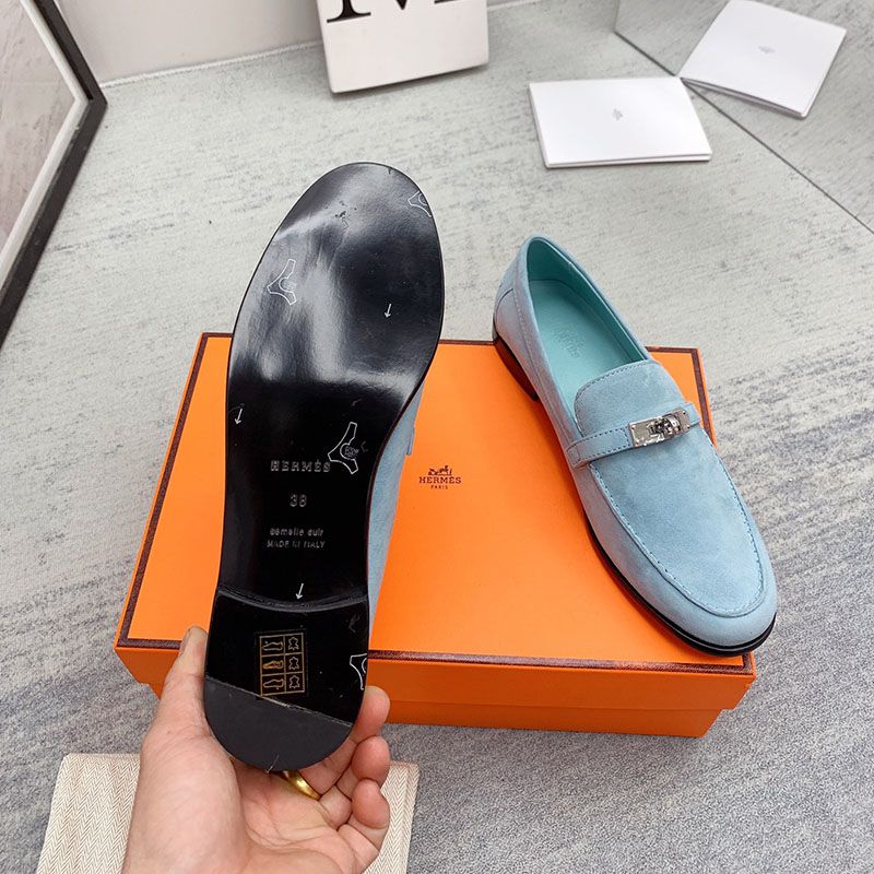 Hermes Destin Loafers Women Suede with Kelly Buckle In Sky Blue