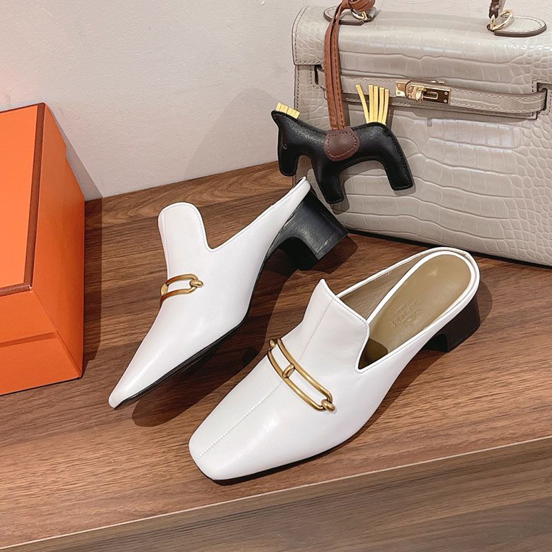 Hermes Diane Heeled Mules Women Calfskin with Roulis Buckle In White