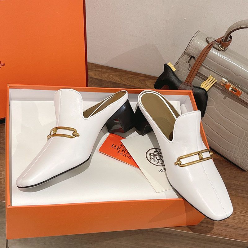 Hermes Diane Heeled Mules Women Calfskin with Roulis Buckle In White