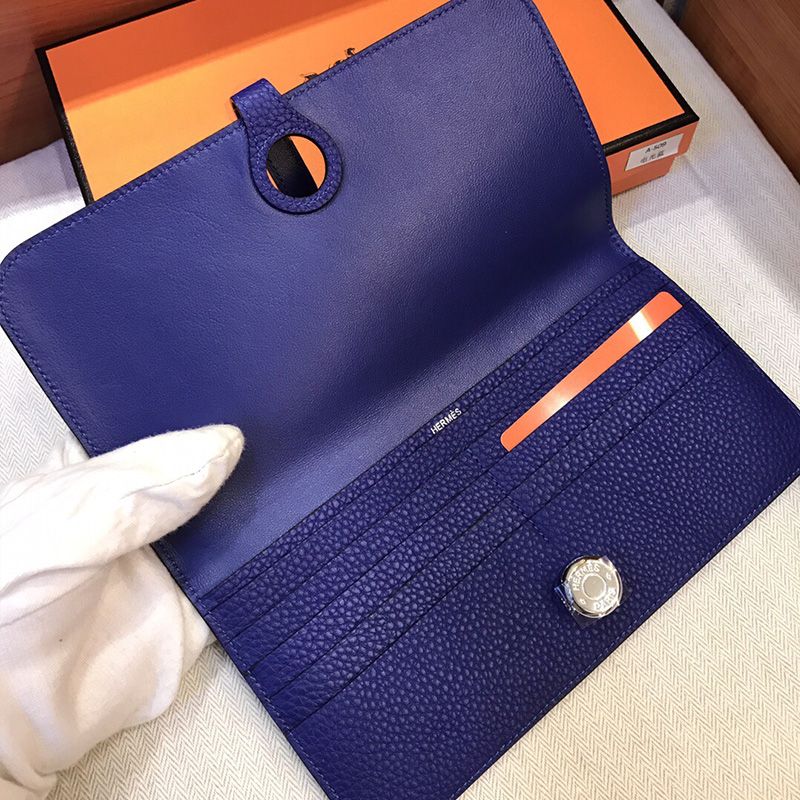 Hermes Dogon Long Wallet Togo Leather Palladium Hardware In Blue