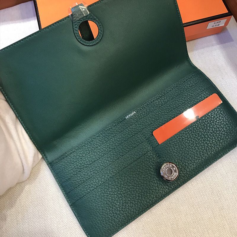 Hermes Dogon Long Wallet Togo Leather Palladium Hardware In Green