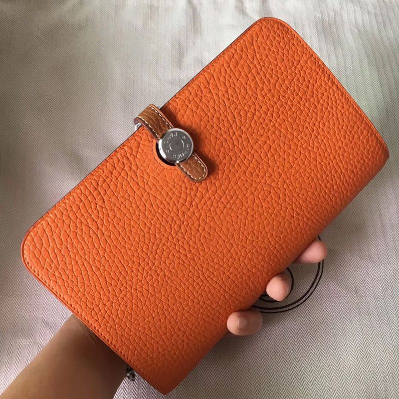 Hermes Dogon Duo Wallet Color Blocking Togo Leather Palladium Hardware In Orange Brown