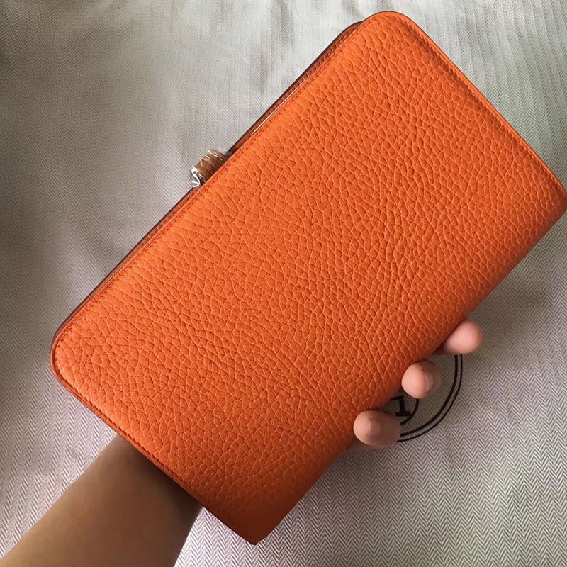 Hermes Dogon Duo Wallet Color Blocking Togo Leather Palladium Hardware In Orange Brown