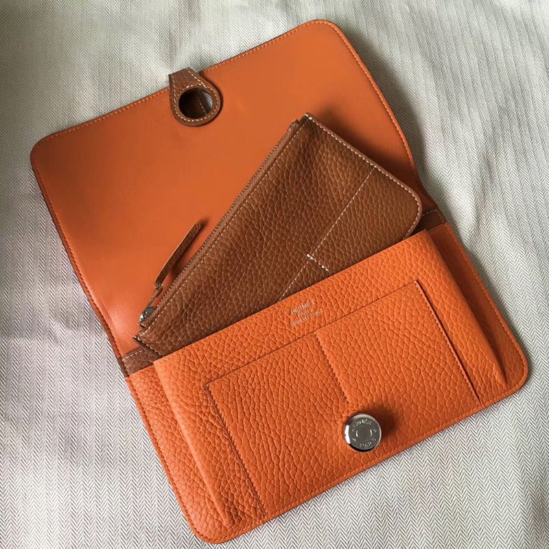 Hermes Dogon Duo Wallet Color Blocking Togo Leather Palladium Hardware In Orange Brown