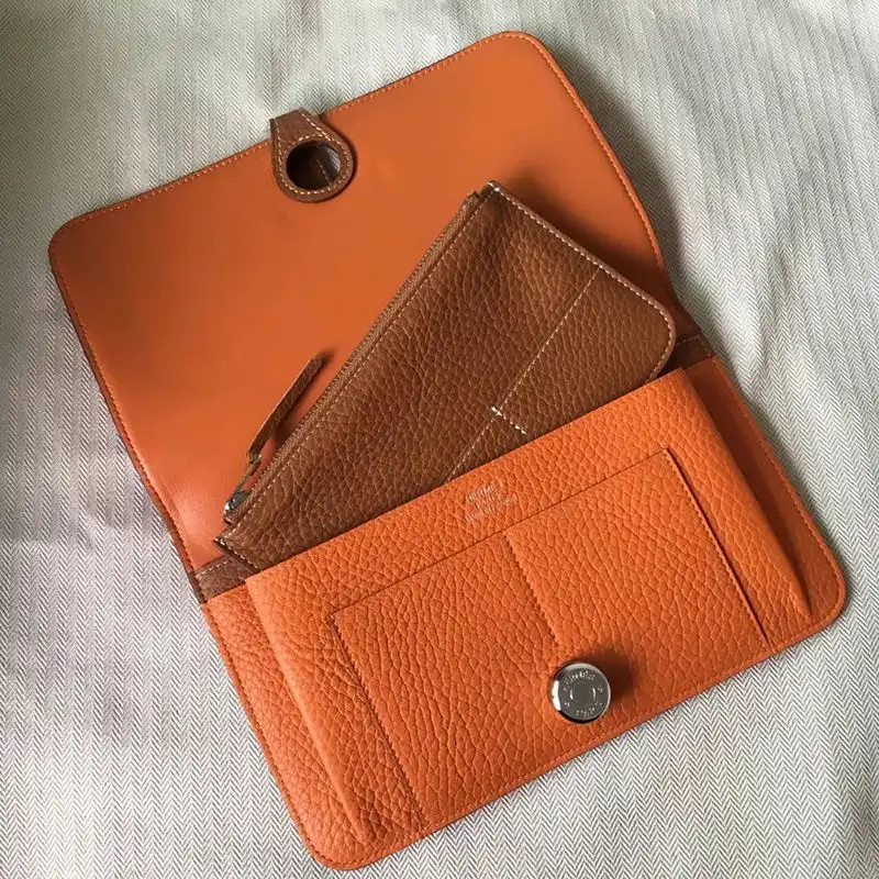 Affordable Hermes Dogon Duo Wallet Color Blocking Togo Leather Palladium Hardware In Orange Brown