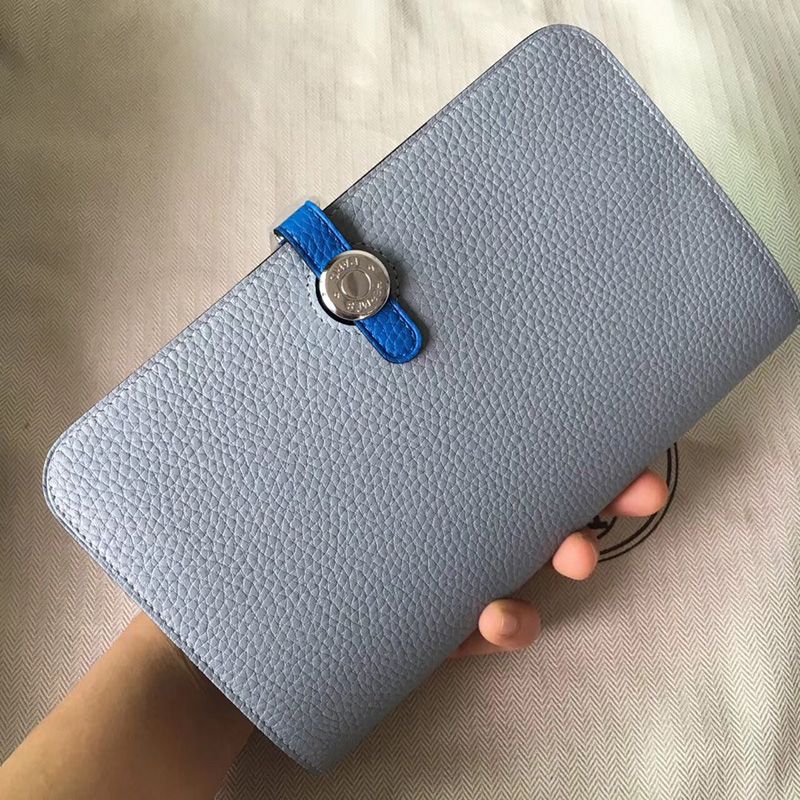 Hermes Dogon Duo Wallet Color Blocking Togo Leather Palladium Hardware In Sky Blue Blue