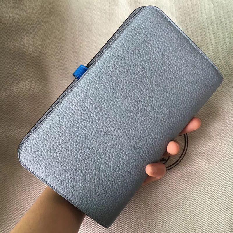 Hermes Dogon Duo Wallet Color Blocking Togo Leather Palladium Hardware In Sky Blue Blue