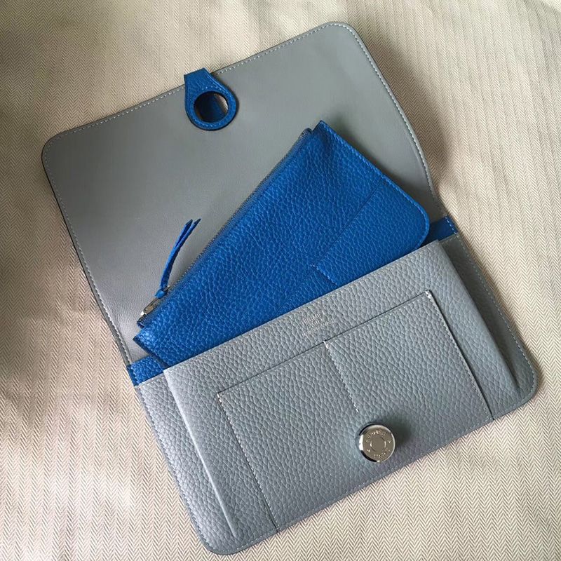 Hermes Dogon Duo Wallet Color Blocking Togo Leather Palladium Hardware In Sky Blue Blue