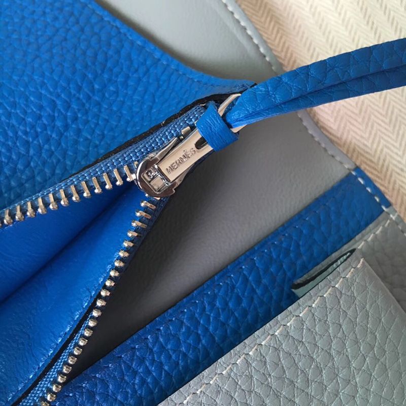 Hermes Dogon Duo Wallet Color Blocking Togo Leather Palladium Hardware In Sky Blue Blue