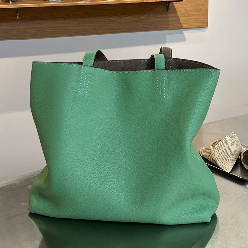 Hermes Double Sens Bag Clemence Leather In Green Grey