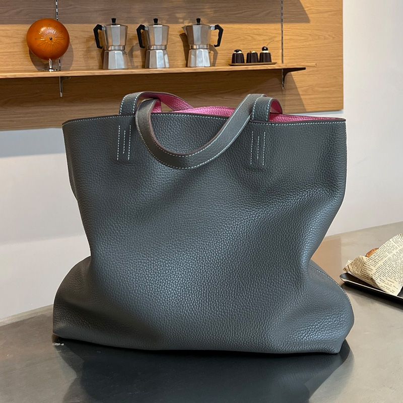 Hermes Double Sens Bag Clemence Leather In Grey Pink