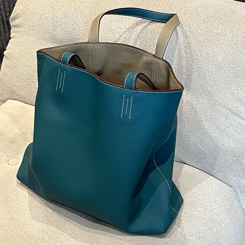 Hermes Double Sens Bag Clemence Leather In Teal Grey