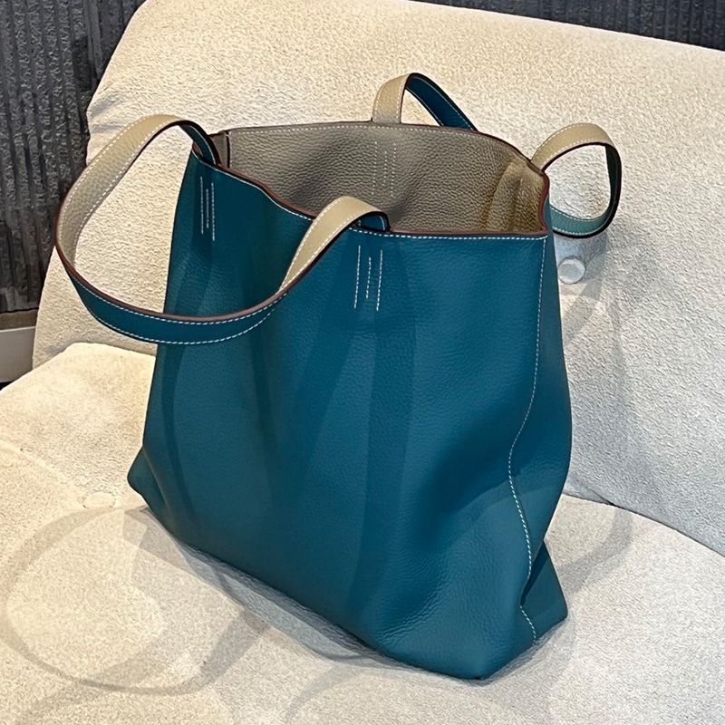 Hermes Double Sens Bag Clemence Leather In Teal Grey