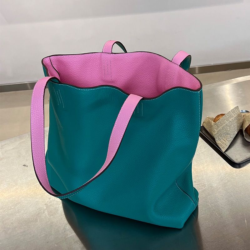 Hermes Double Sens Bag Clemence Leather In Teal Pink